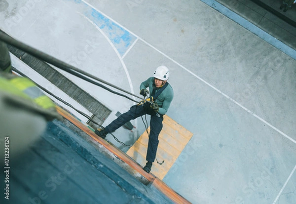 Fototapeta 
Firefighter rescuer descending a massive wall using a rappelling device in a multi-story building, wearing protective gear such as a helmet, harness, and carabiners.