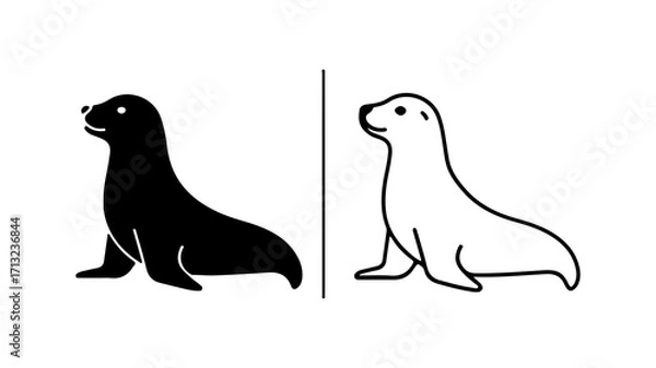 Fototapeta Simple sea lion silhouette and outline vector icon set.