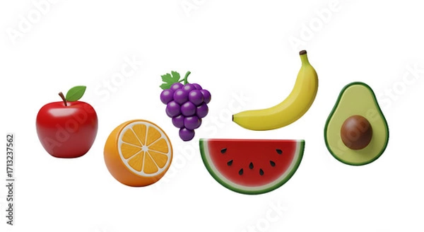 Fototapeta Stylized 3D Render of Assorted Fruits Apple, Banana, Grapes, Orange, Watermelon, Avocado for Healthy Eating, Food Blog, and Recipe Websites