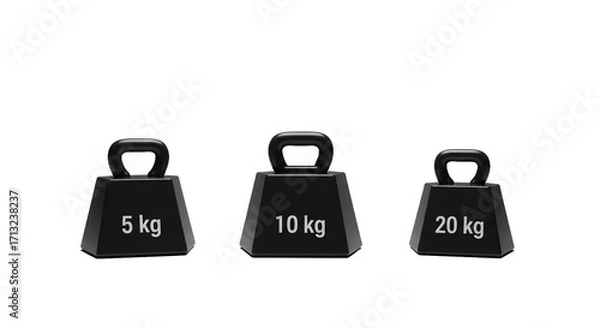 Fototapeta Three black weights of 5kg, 10kg and 20kg on a gray background