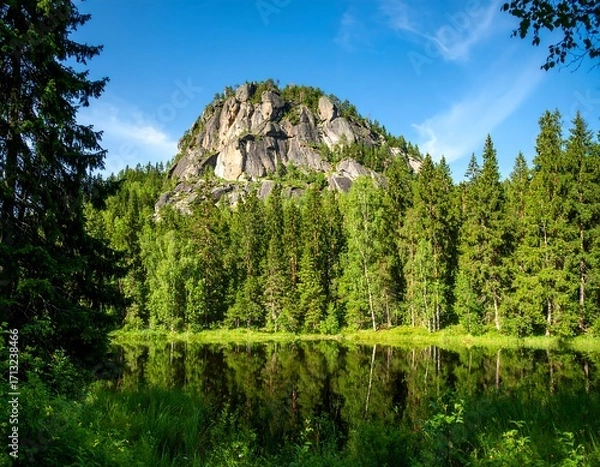 Fototapeta Rocky outcrop reflected in tranquil forest lake