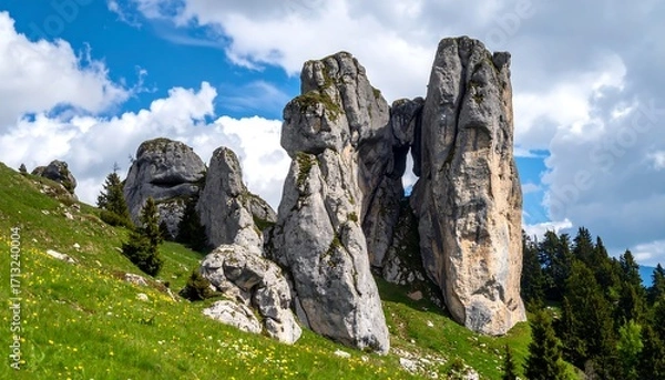 Fototapeta Rocky outcrops on a hillside under a partly cloudy sky