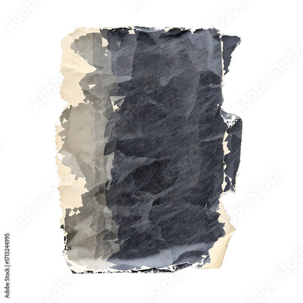 Fototapeta Vintage distressed paper element with torn edges and a crumpled texture, featuring a dark abstract paint overlay on an isolated background