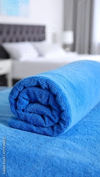 Fototapeta Rolled blue plush blanket on a surface in a bedroom