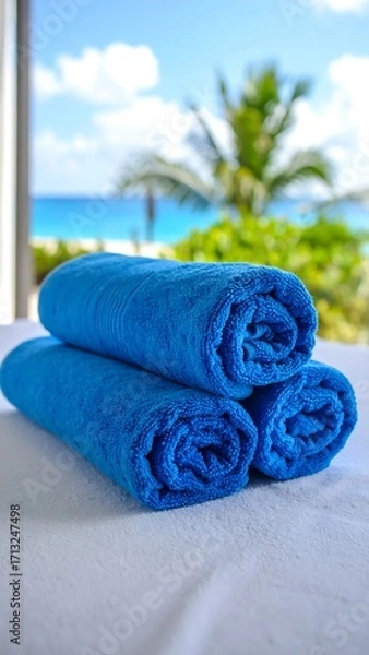 Fototapeta Rolled blue towels on a table with a beach view