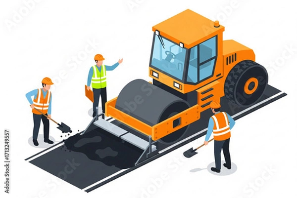 Fototapeta Isometric Vector Illustration of Road Construction Workers with Asphalt Roller Machine