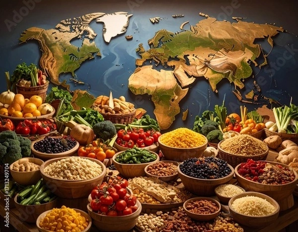 Fototapeta A vibrant assortment of global foods, showcasing diverse ingredients and culinary traditions, arranged before a world map.
