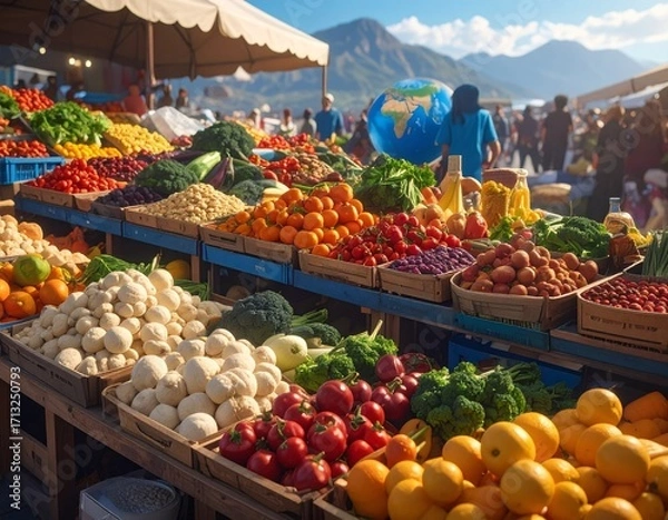 Fototapeta A vibrant outdoor market stall overflowing with a colorful assortment of fresh fruits and vegetables, with mountains in the background.