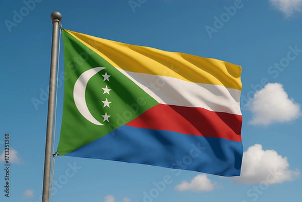 Fototapeta The Comoros flag waves brightly under a clear blue sky with clouds.