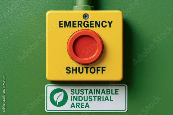 Fototapeta Emergency shutoff button in sustainable industrial area sia with green wall and safety sign for protection