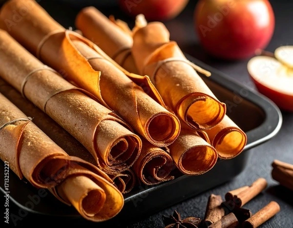Fototapeta Rolled fruit leather on a dark pan, surrounded by apples and spices