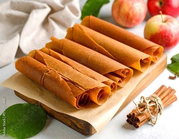 Fototapeta Rolled fruit leather on parchment paper, with apples and cinnamon sticks
