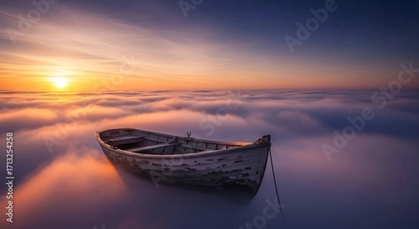 Fototapeta Solitary Boat at Dawn: An old wooden boat floats serenely above the ethereal clouds, as the sun rises majestically, painting the sky with hues of gold, pink, and blue.