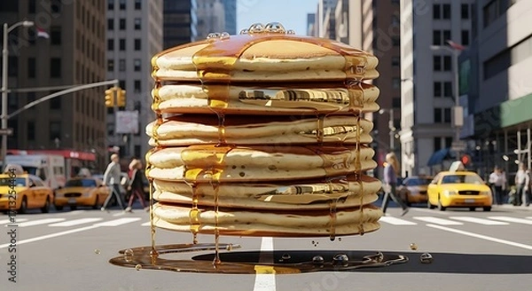 Fototapeta Pancake Stack Metropolis: A towering stack of golden pancakes, drizzling with rich maple syrup, levitates above a bustling city street.