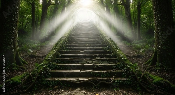 Fototapeta Stairway to the light in forest:An ancient staircase ascends dramatically into the heart of a dense forest, bathed in ethereal sunlight. This image exudes a sense of mystery.