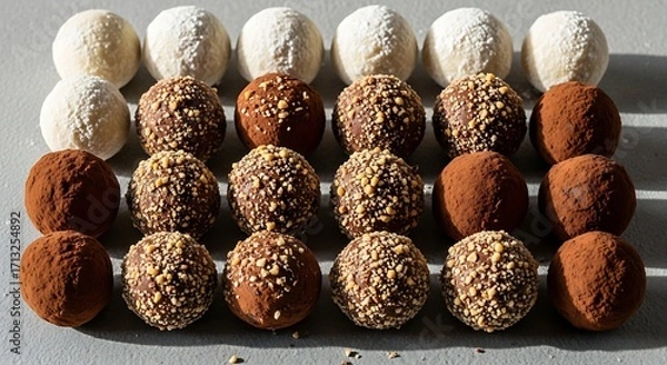 Fototapeta Artisan Chocolate Delights: A top-down composition showcasing assorted artisan truffles, each coated in a unique dusting, revealing an array of flavors and textures