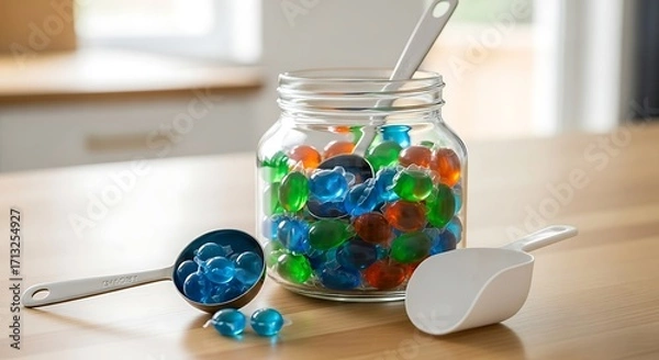 Fototapeta Colorful Capsules: A bright and clean display of laundry detergent capsules in a clear jar with measuring tools, set on a wooden surface. The image is a blend of organization, vibrant hues.