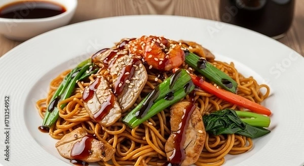 Fototapeta Savory Noodle Dish: A mouthwatering plate showcases a delectable stir-fry, with rich noodles as its base, mingled with vibrant vegetables and tender meat, all drizzled in a savory sauce.