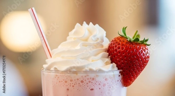 Fototapeta Strawberry Milkshake Delight: A refreshing strawberry milkshake is adorned with a swirl of whipped cream, and a juicy strawberry is placed to the side of the glass.