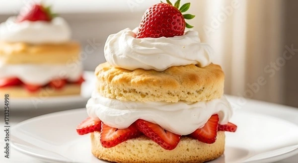 Fototapeta Strawberry Shortcake Delight: A beautifully styled image showcases a delectable strawberry shortcake, with layers of fluffy biscuit, luscious whipped cream, and juicy, ripe strawberries.