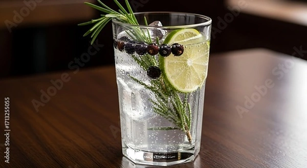 Fototapeta Gin and Tonic Refreshment: A sophisticated and crisp gin and tonic, garnished with a sprig of rosemary, a slice of lime, and fresh juniper berries, sits gracefully on a rich wood surface.