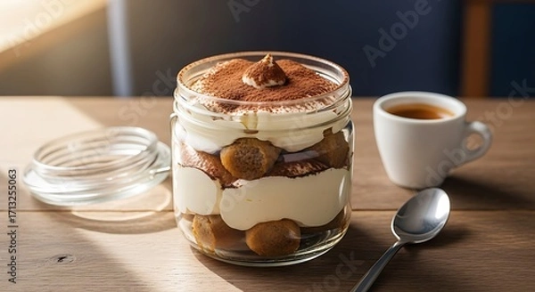 Fototapeta Tiramisu Delight with Espresso: A close-up of a delectable tiramisu dessert layered in a jar, alongside a small cup of rich espresso on a rustic wooden table. Evoking warmth and delight.
