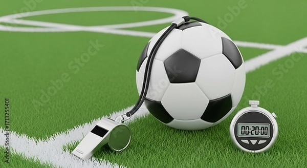 Fototapeta Soccer Game Essentials: A close-up perspective of a soccer ball with a whistle and stopwatch, evoking the energy and anticipation of a professional soccer match.