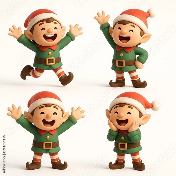 Fototapeta Four Christmas Elves, different poses and expressions, isolated on a white background