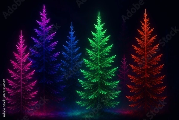 Fototapeta Christmas, pine trees, black background, colorful LED neon effect