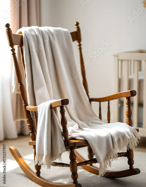 Fototapeta Serene Nursery Scene: Wooden Rocking Chair with Cozy Throw Blanket