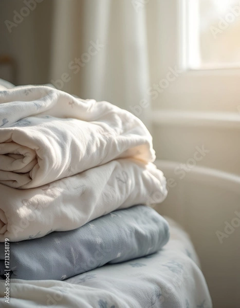 Fototapeta Stack of Neatly Folded White and Light Blue Bedding near Window
