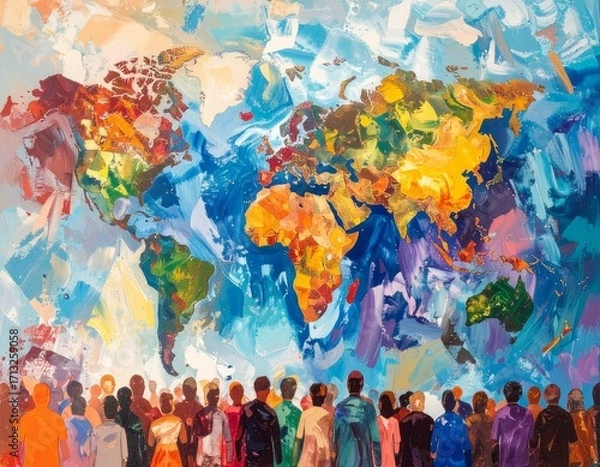 Fototapeta Colorful world map painting with diverse group of people looking up at it.
