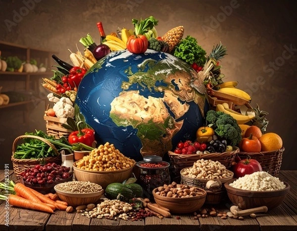Fototapeta A vibrant display of fresh fruits, vegetables, grains, and legumes surrounding a globe, symbolizing global food and healthy eating.