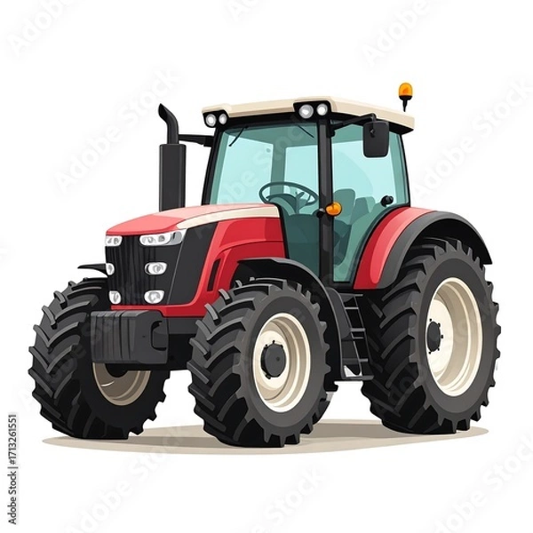Fototapeta A detailed illustration of a vibrant red tractor, showcasing its sturdy design and large tires against a plain white background.