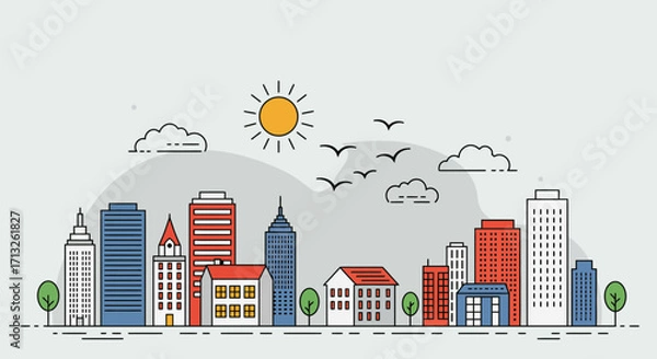 Fototapeta Minimalist cityscape illustration with stylized buildings, sun, and birds in flight