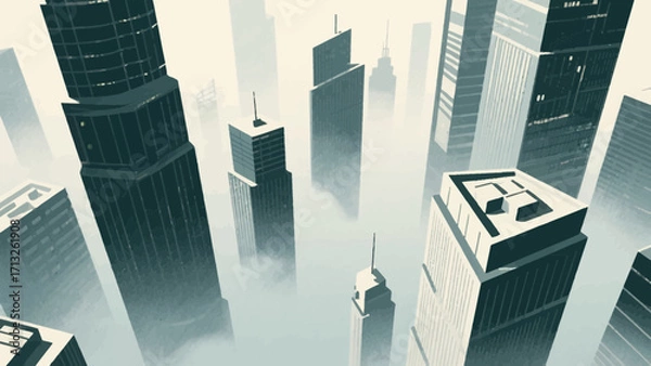 Fototapeta Perspective view of skyscrapers in a dense urban city shrouded in a misty atmosphere