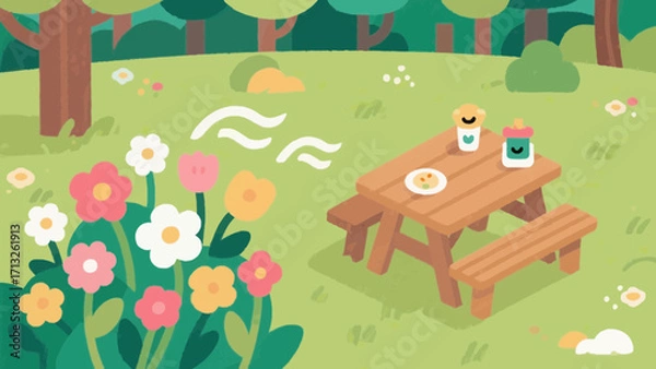 Fototapeta Picnic in the meadow with flowers and a wooden table in a forest illustration