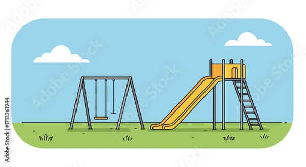 Fototapeta Playground with swings and slide on a sunny day illustration in vector format