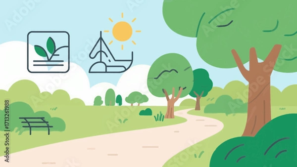 Fototapeta Serene park landscape illustration featuring a winding path and lush trees under sunlight