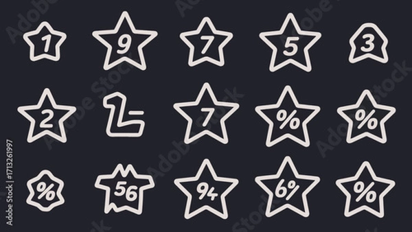 Fototapeta Set of star icons featuring numbers and percentage signs on a dark background