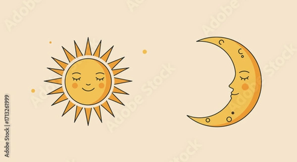 Fototapeta Smiling sun with closed eyes and crescent moon in a dreamy celestial illustration