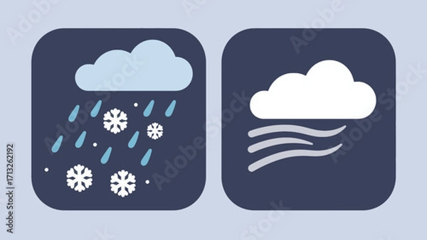 Fototapeta Weather forecast icons depicting sleet with snow and strong winds blowing clouds