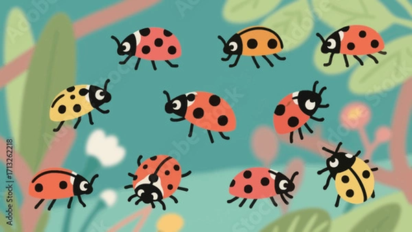 Fototapeta Whimsical ladybug illustration with spots in a garden setting and nature background
