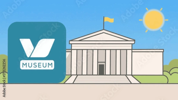 Fototapeta A classical museum building with a flag under a sunny sky vector illustration