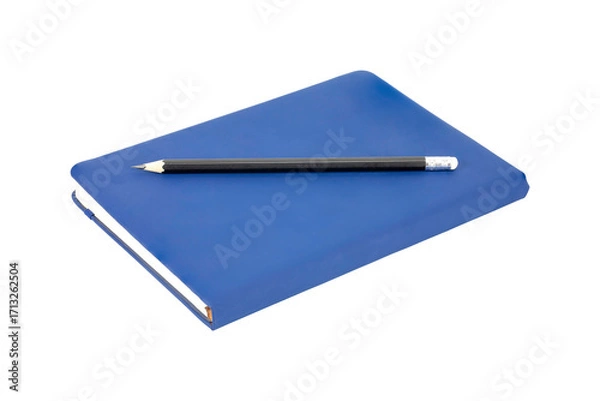 Fototapeta Blue notebook with black pencil isolated on white background with clipping path