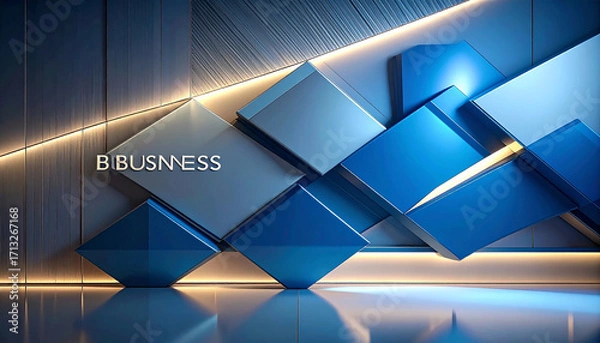 Fototapeta Abstract Geometric Cubes and Text " BUSINESS" in Blue and Silver Tones business