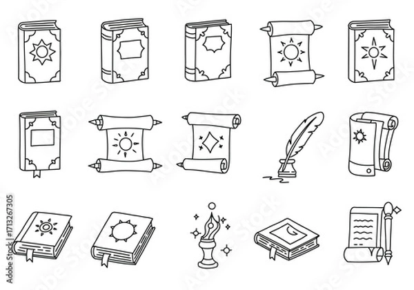 Obraz A black and white line drawing of books scrolls and writing instruments
