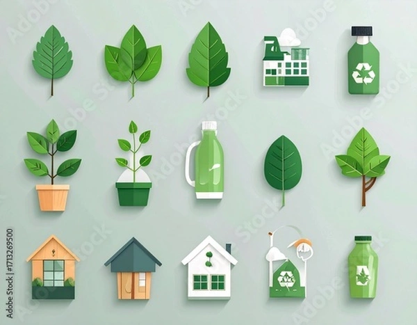 Fototapeta A collection of flat design icons representing nature, sustainability, and eco-friendly living.