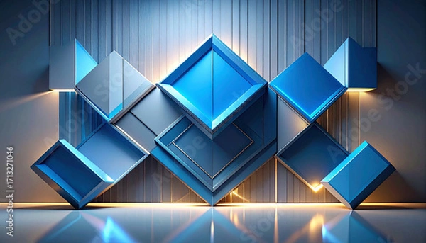 Fototapeta Abstract Geometric Sculpture with Blue and Gray Squares and Warm Lighting Keywords: abstract, geometric, sculpture