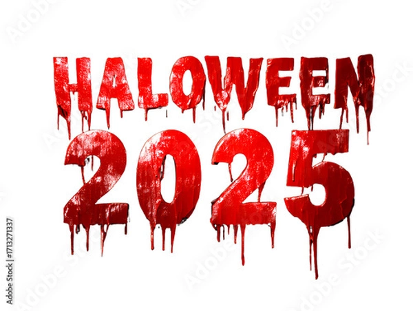 Fototapeta Red dripping text "HALLOWEEN 2025" on a black background, with an eerie shadow effect.
